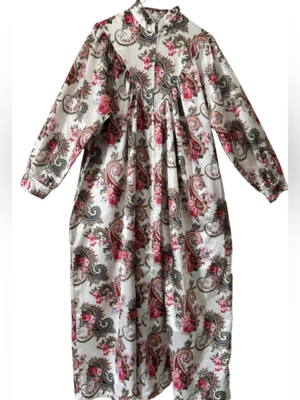 Vintage White Floral Paisley Satin Robe Dressing Gown Prairie Maxi Dress M